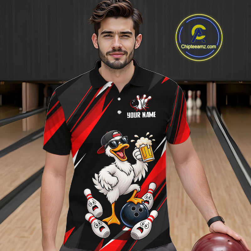 Black & Red Funny Duck Bowling Jersey Custom Bowling Shirt Polo & 1/4 Zip
