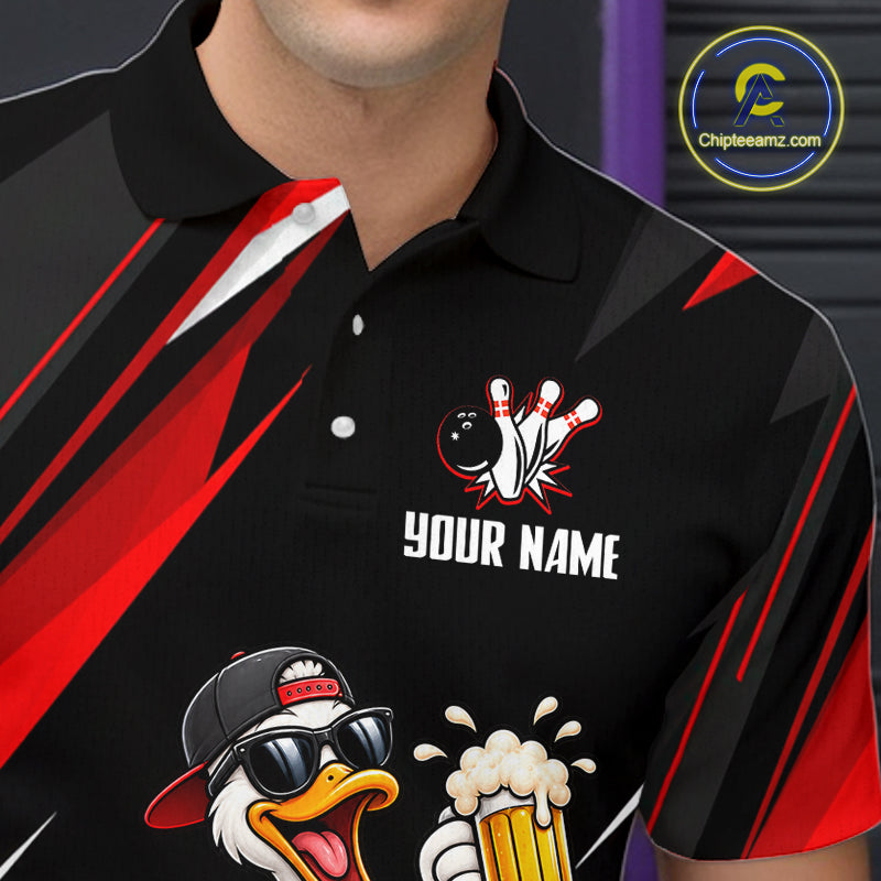 Black & Red Funny Duck Bowling Jersey Custom Bowling Shirt Polo & 1/4 Zip