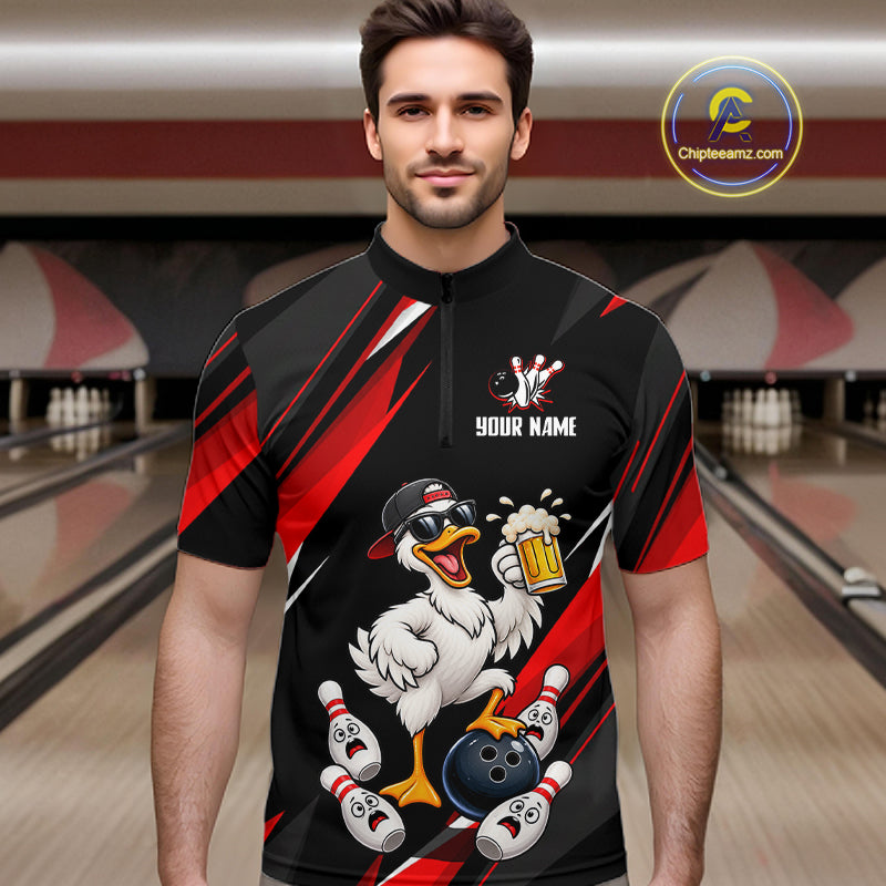 Black & Red Funny Duck Bowling Jersey Custom Bowling Shirt Polo & 1/4 Zip