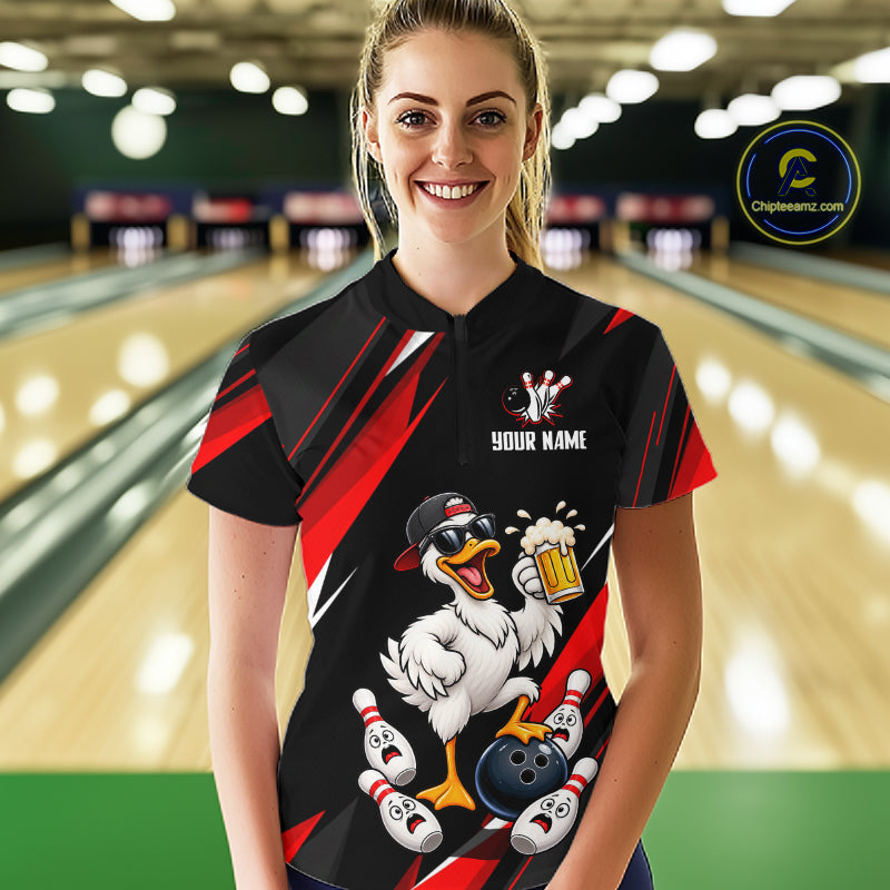Black & Red Funny Duck Bowling Jersey Custom Bowling Shirt Polo & 1/4 Zip