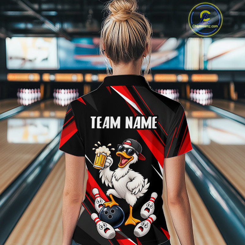 Black & Red Funny Duck Bowling Jersey Custom Bowling Shirt Polo & 1/4 Zip