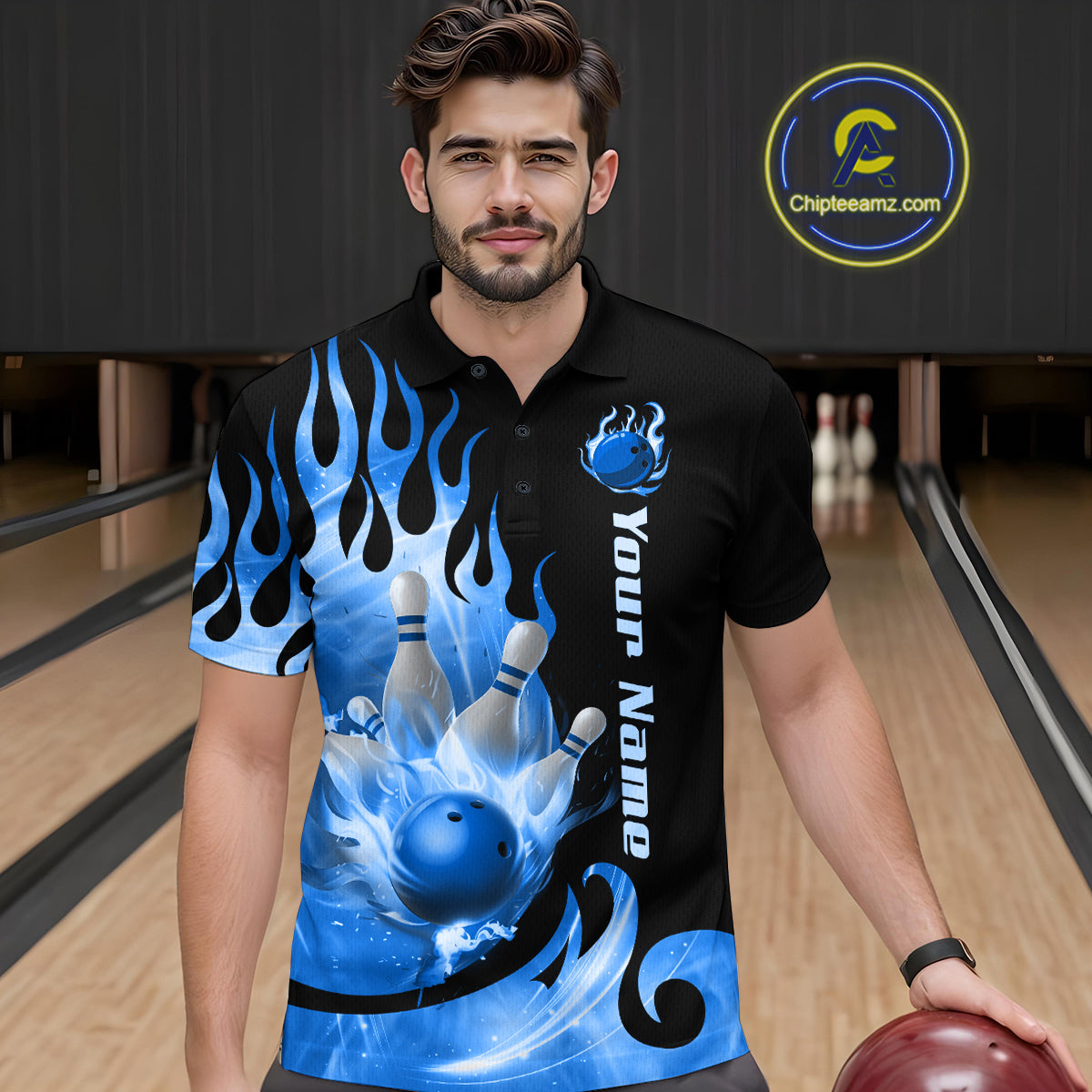 Blue Flame Bowling Team Shirt Bowling League Jersey Polo & 1/4 Zip Bowling Outfit