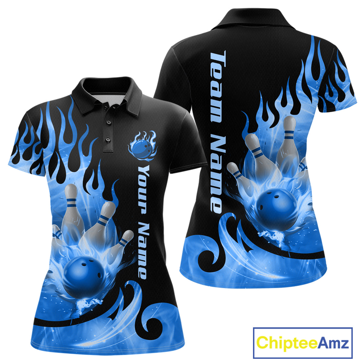 Blue Flame Bowling Team Shirt Bowling League Jersey Polo & 1/4 Zip Bowling Outfit