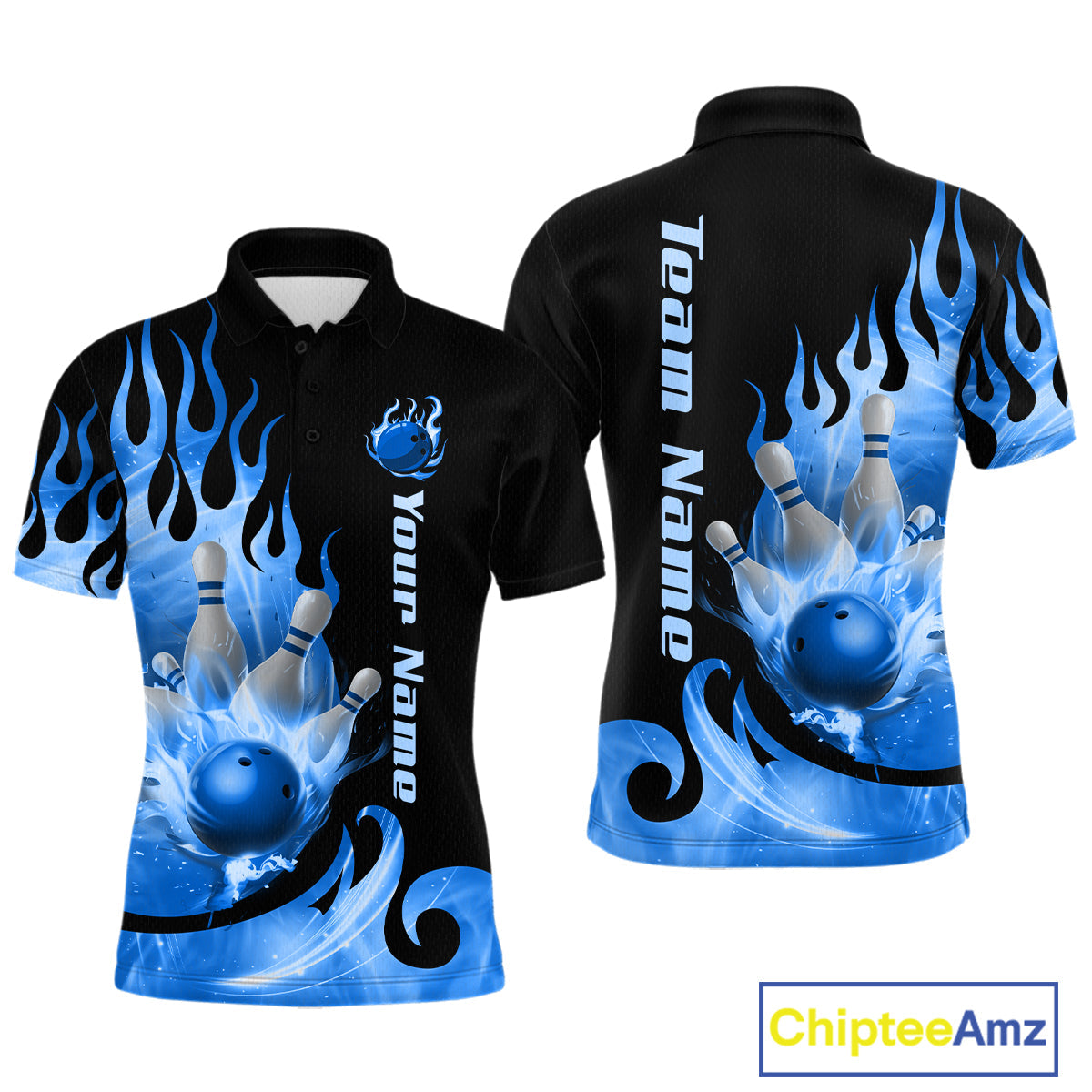 Blue Flame Bowling Team Shirt Bowling League Jersey Polo & 1/4 Zip Bowling Outfit