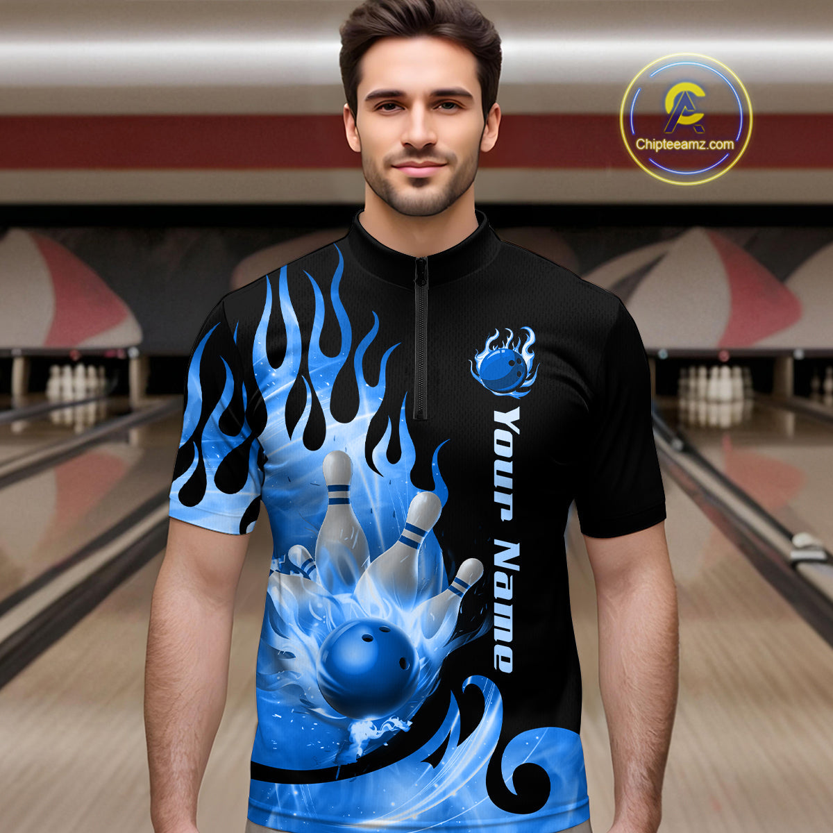 Blue Flame Bowling Team Shirt Bowling League Jersey Polo & 1/4 Zip Bowling Outfit