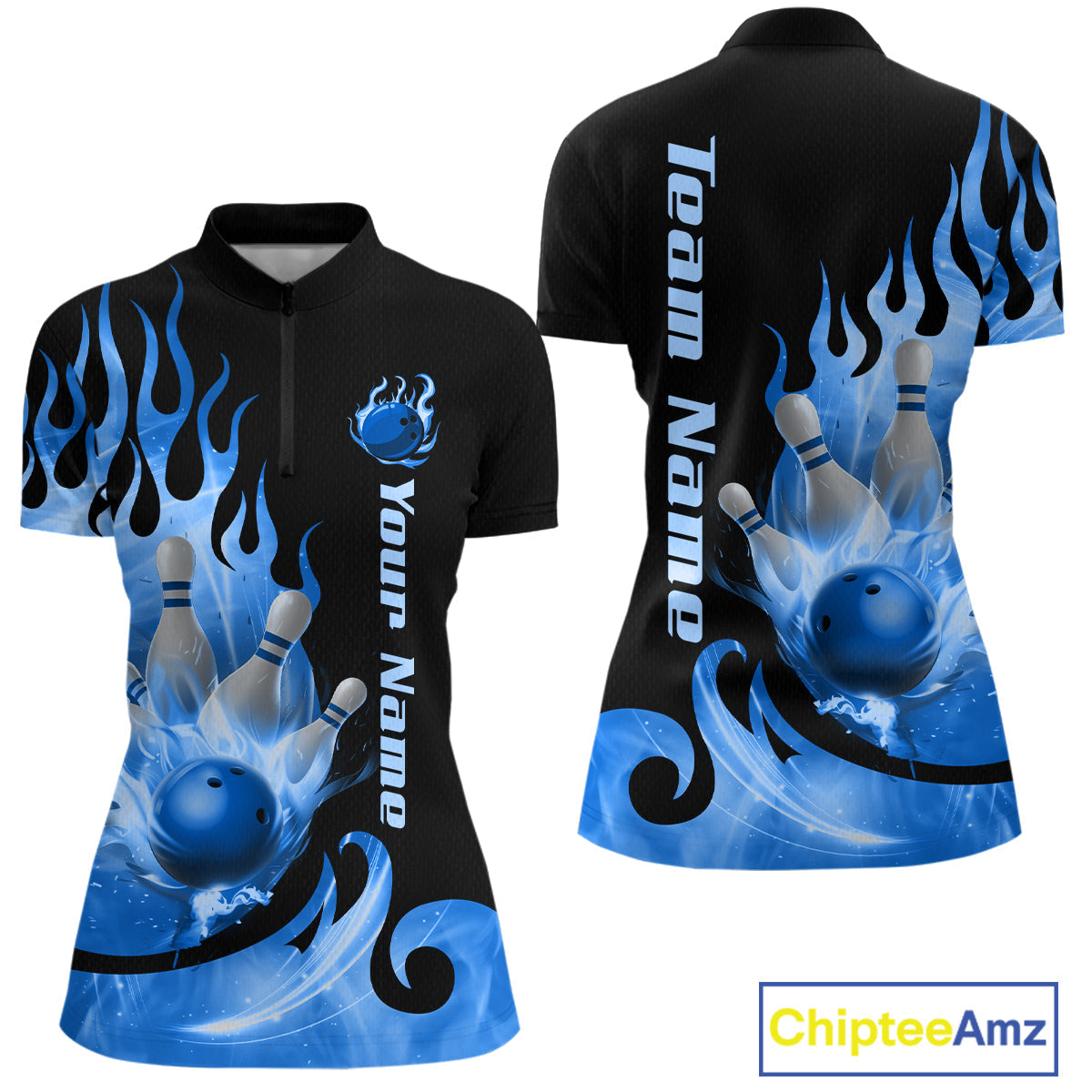 Blue Flame Bowling Team Shirt Bowling League Jersey Polo & 1/4 Zip Bowling Outfit