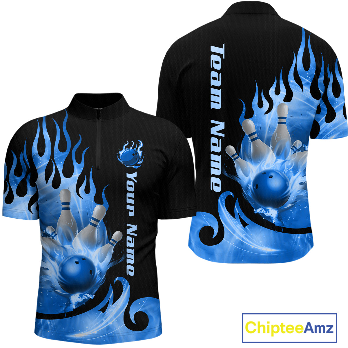 Blue Flame Bowling Team Shirt Bowling League Jersey Polo & 1/4 Zip Bowling Outfit