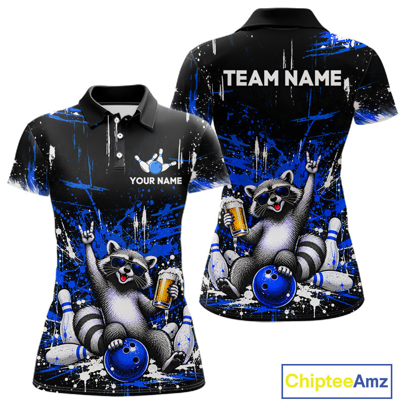 Custom Blue Funny Raccoon with Beer Bowling Shirts Bowling Jersey