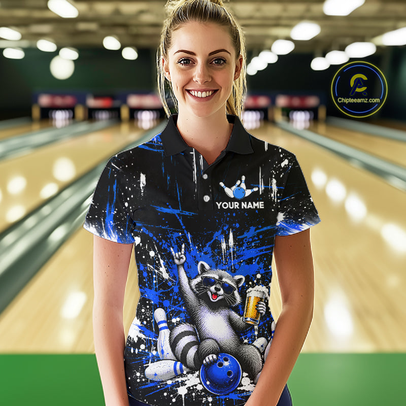 Custom Blue Funny Raccoon with Beer Bowling Shirts Bowling Jersey