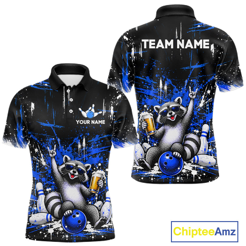 Custom Blue Funny Raccoon with Beer Bowling Shirts Bowling Jersey