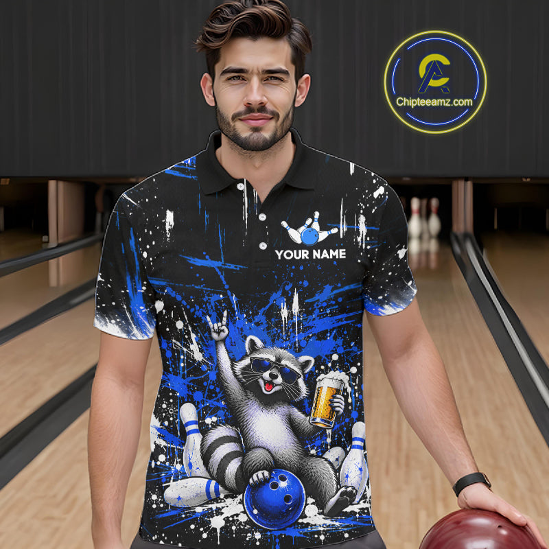 Custom Blue Funny Raccoon with Beer Bowling Shirts Bowling Jersey