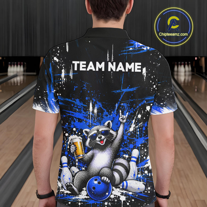 Custom Blue Funny Raccoon with Beer Bowling Shirts Bowling Jersey