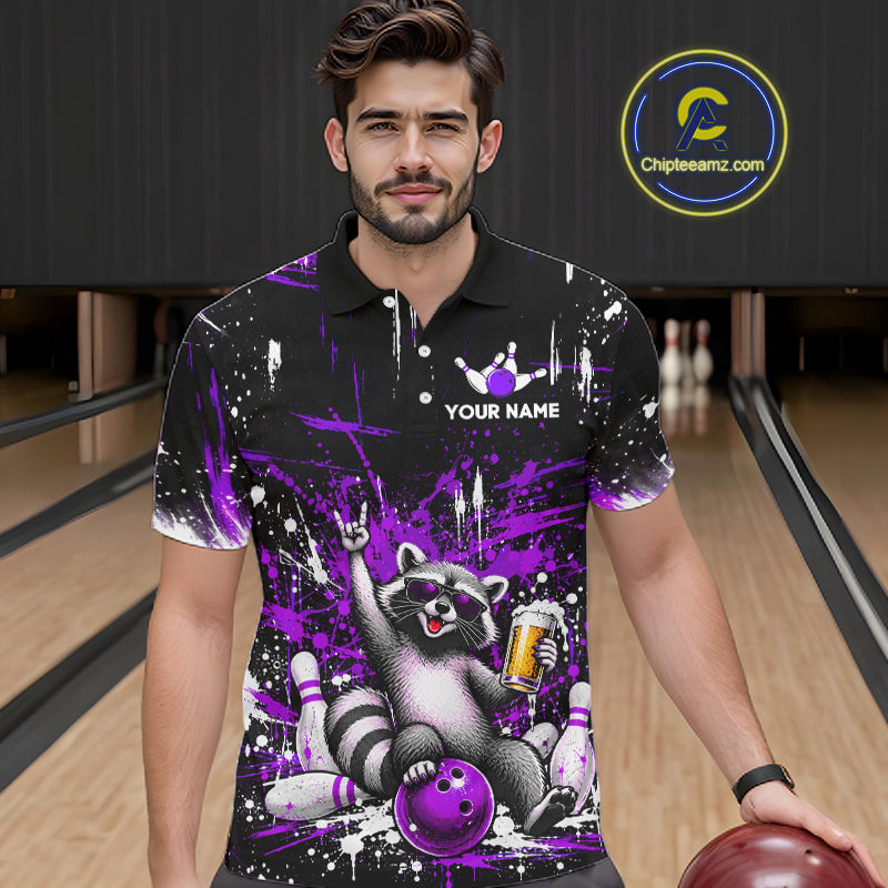 Custom Purple Funny Raccoon with Beer Bowling Shirts Bowling Jersey