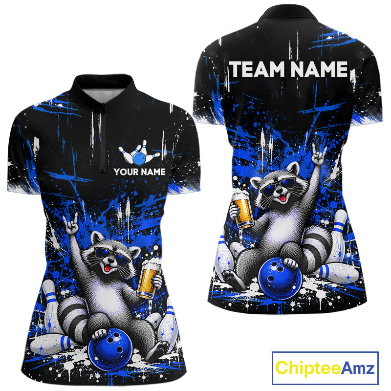 Custom Blue Funny Raccoon with Beer Bowling Shirts Bowling Jersey