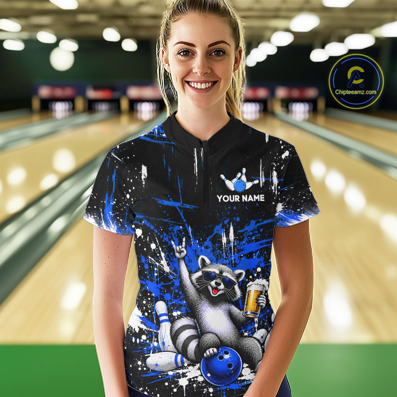 Custom Blue Funny Raccoon with Beer Bowling Shirts Bowling Jersey