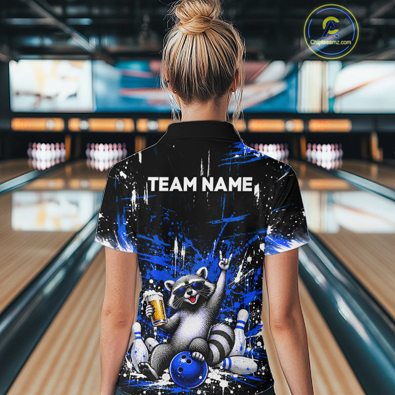 Custom Blue Funny Raccoon with Beer Bowling Shirts Bowling Jersey