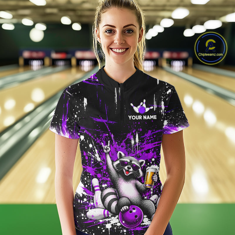 Custom Purple Funny Raccoon with Beer Bowling Shirts Bowling Jersey