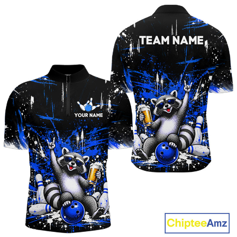Custom Blue Funny Raccoon with Beer Bowling Shirts Bowling Jersey