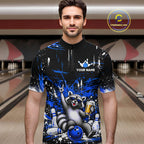 Custom Blue Funny Raccoon with Beer Bowling Shirts Bowling Jersey