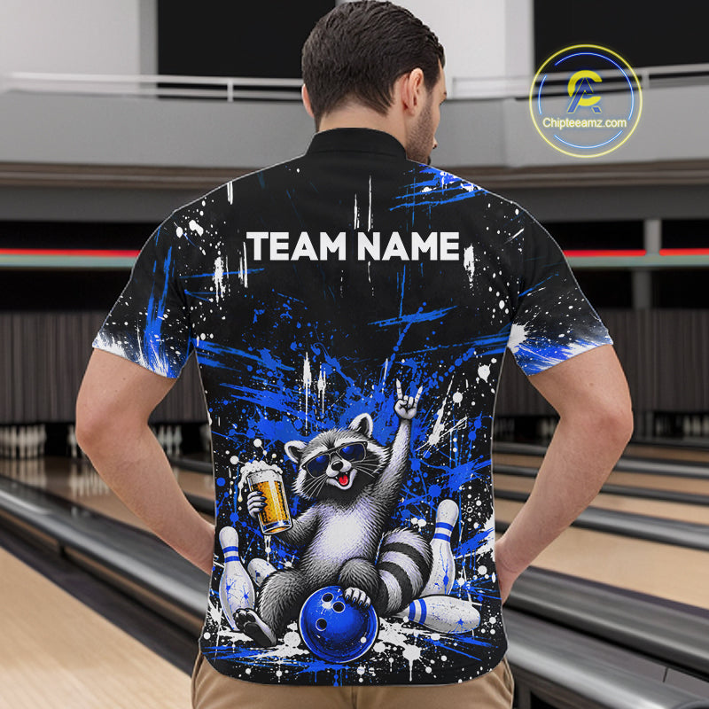 Custom Blue Funny Raccoon with Beer Bowling Shirts Bowling Jersey