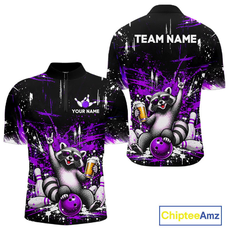 Custom Purple Funny Raccoon with Beer Bowling Shirts Bowling Jersey