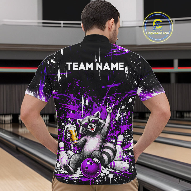Custom Purple Funny Raccoon with Beer Bowling Shirts Bowling Jersey