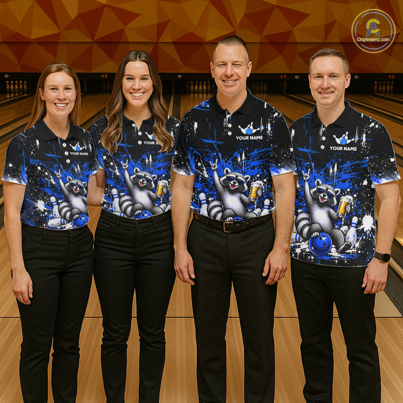 Custom Blue Funny Raccoon with Beer Bowling Shirts Bowling Jersey