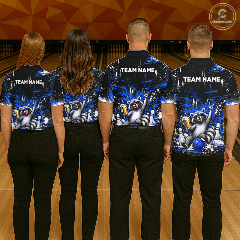 Custom Blue Funny Raccoon with Beer Bowling Shirts Bowling Jersey