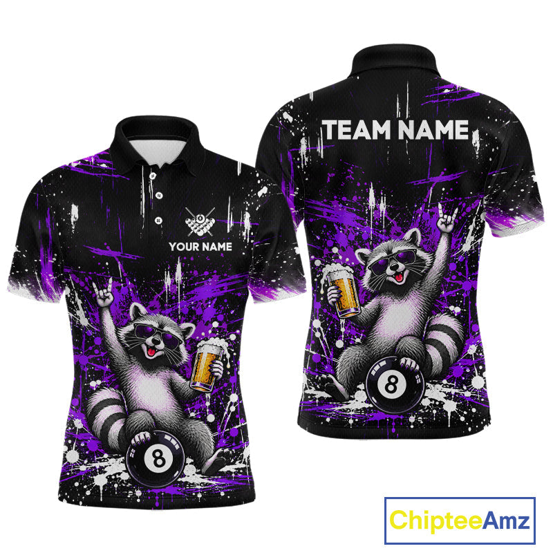 Custom Funny Raccoon Billiard Shirt Purple 8 Ball Pool Jersey with Beer Polo & Quarter-Zip