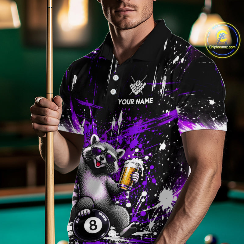 Custom Funny Raccoon Billiard Shirt Purple 8 Ball Pool Jersey with Beer Polo & Quarter-Zip