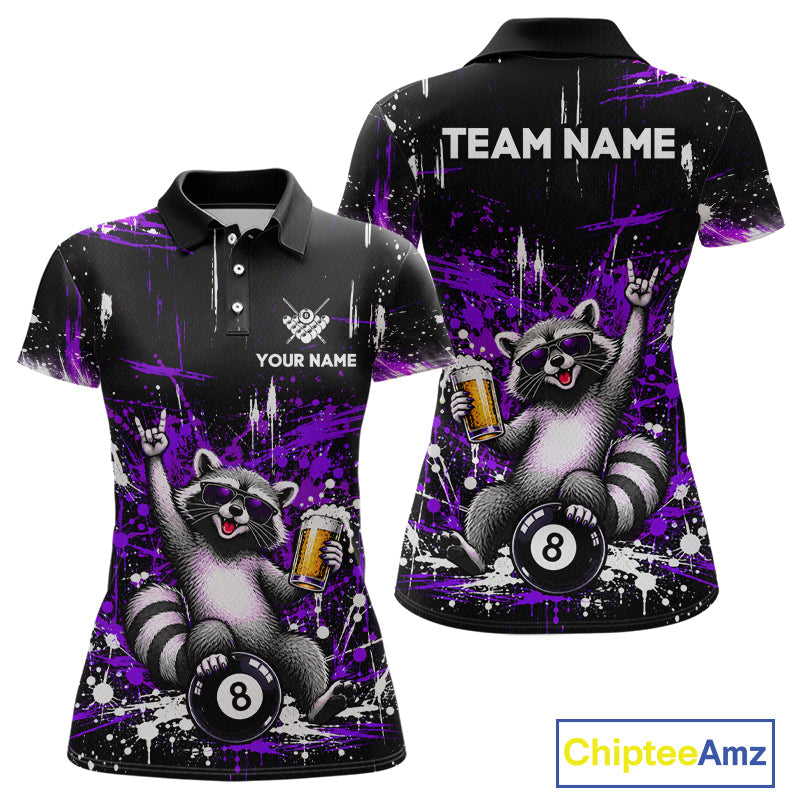 Custom Funny Raccoon Billiard Shirt Purple 8 Ball Pool Jersey with Beer Polo & Quarter-Zip