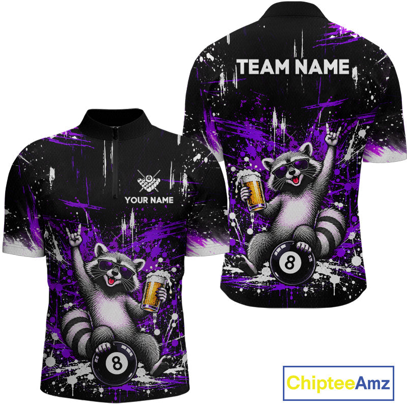 Custom Funny Raccoon Billiard Shirt Purple 8 Ball Pool Jersey with Beer Polo & Quarter-Zip