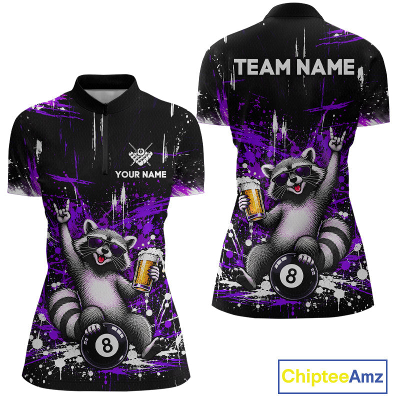 Custom Funny Raccoon Billiard Shirt Purple 8 Ball Pool Jersey with Beer Polo & Quarter-Zip
