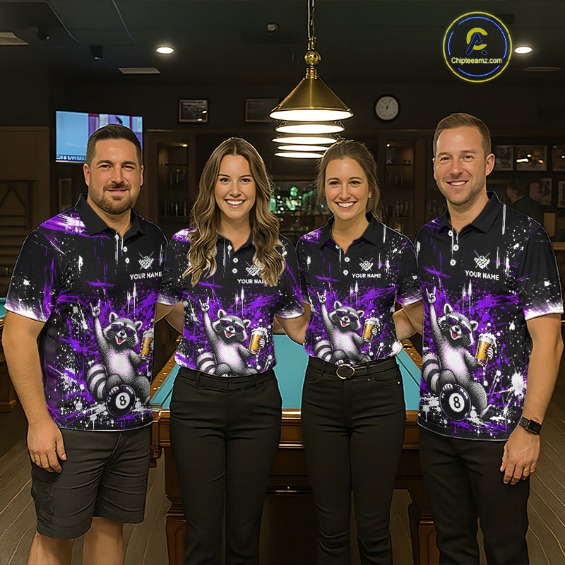 Custom Funny Raccoon Billiard Shirt Purple 8 Ball Pool Jersey with Beer Polo & Quarter-Zip