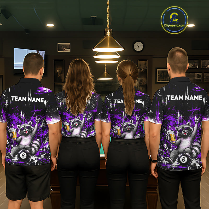 Custom Funny Raccoon Billiard Shirt Purple 8 Ball Pool Jersey with Beer Polo & Quarter-Zip