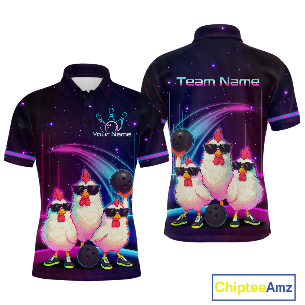 Neon Funny Family of Three Chicken Bowling Team Shirt Bowling League Jersey