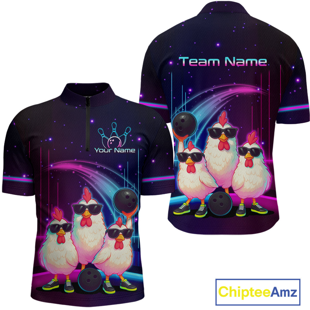 Neon Funny Family of Three Chicken Bowling Team Shirt Bowling League Jersey