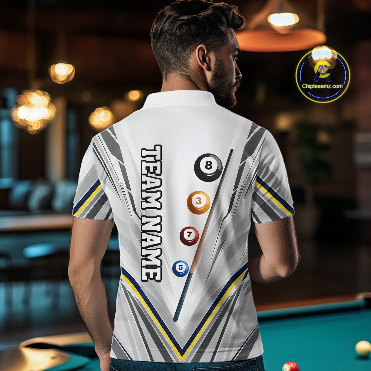Custom Navy & Yellow Billiard Shirt 8 Ball Pool Billiard Jersey Polo & Quarter-Zip