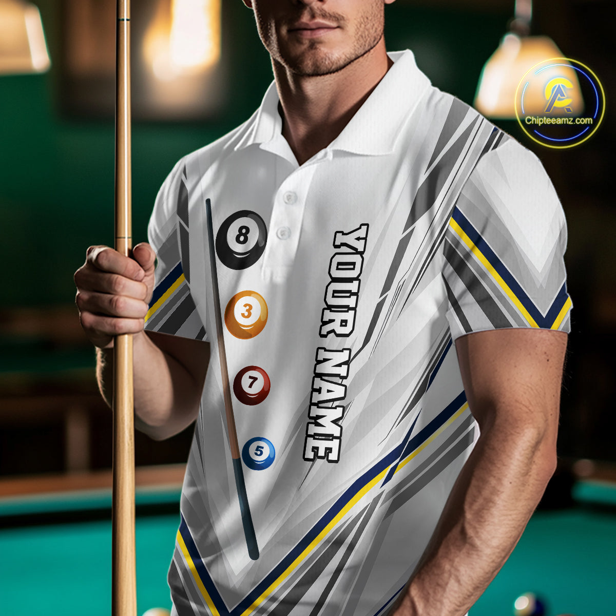 Custom Navy & Yellow Billiard Shirt 8 Ball Pool Billiard Jersey Polo & Quarter-Zip