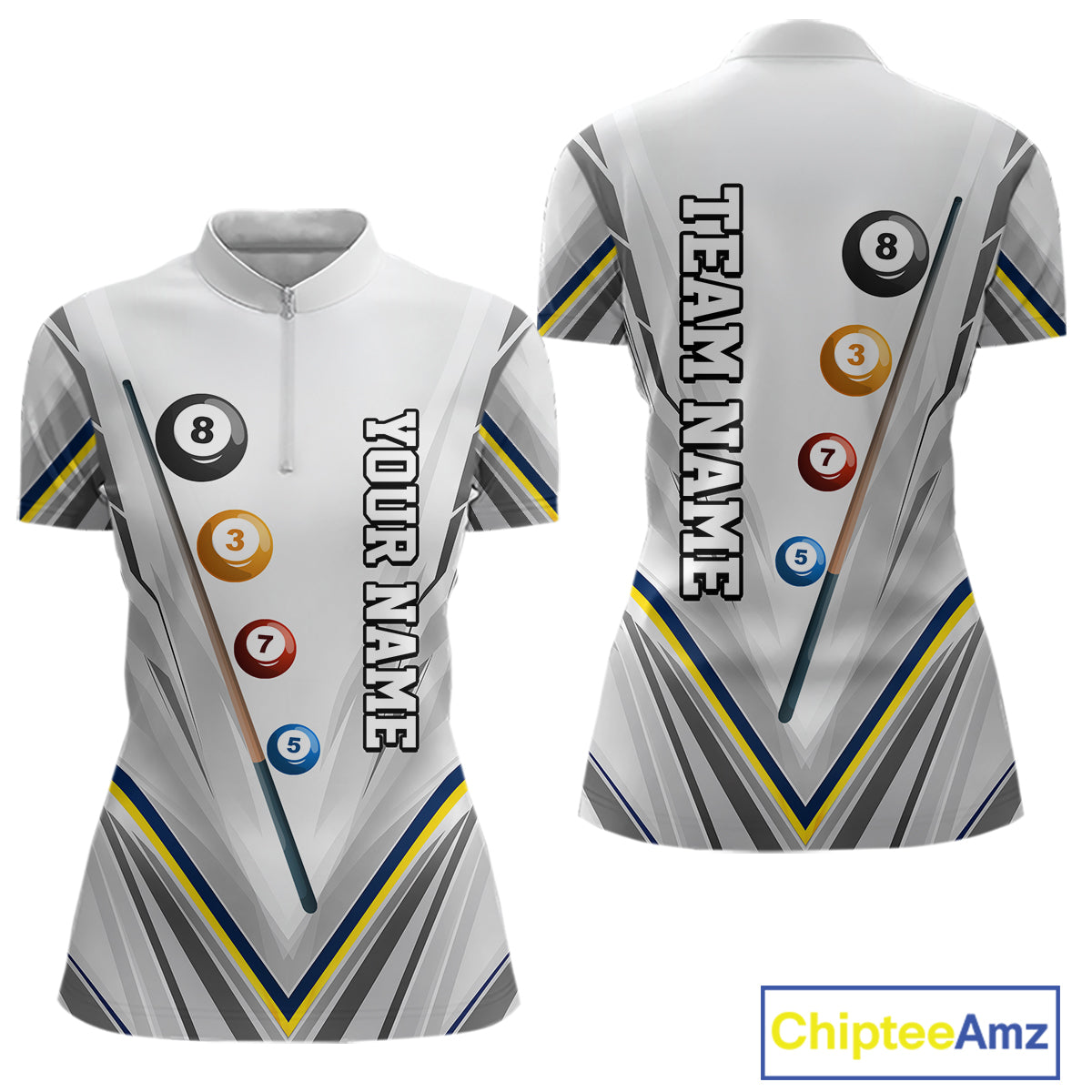 Custom Navy & Yellow Billiard Shirt 8 Ball Pool Billiard Jersey Polo & Quarter-Zip