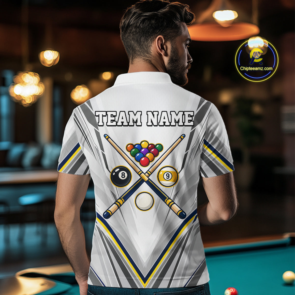 Custom Navy & Yellow Billiard Shirt 10 8 Ball & 9 Ball Pool Billiard Jersey Polo & Quarter-Zip