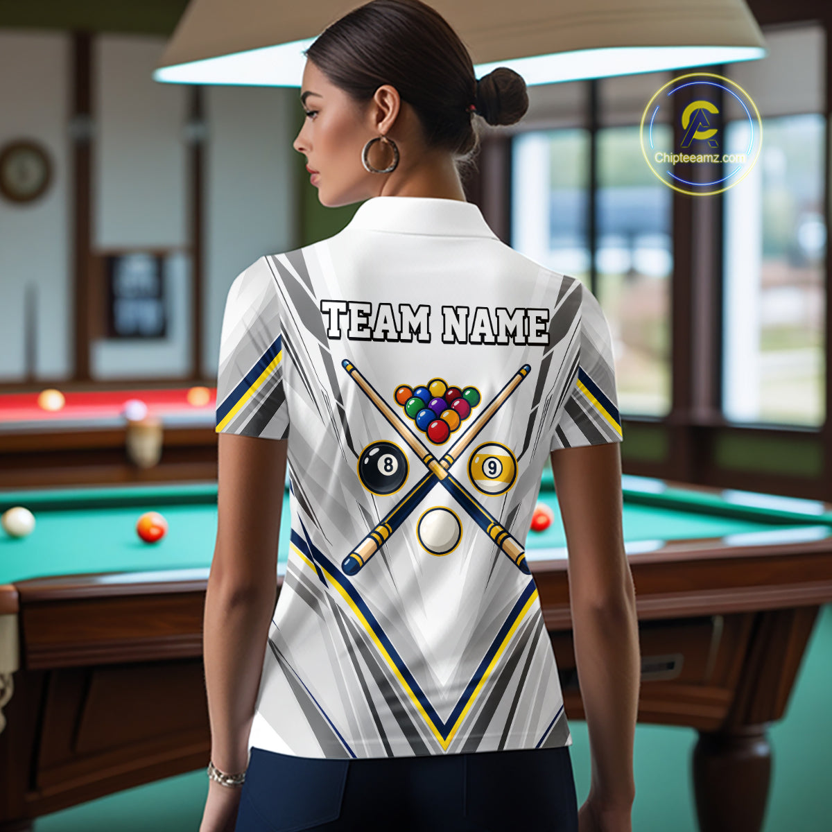 Custom Navy & Yellow Billiard Shirt 10 8 Ball & 9 Ball Pool Billiard Jersey Polo & Quarter-Zip