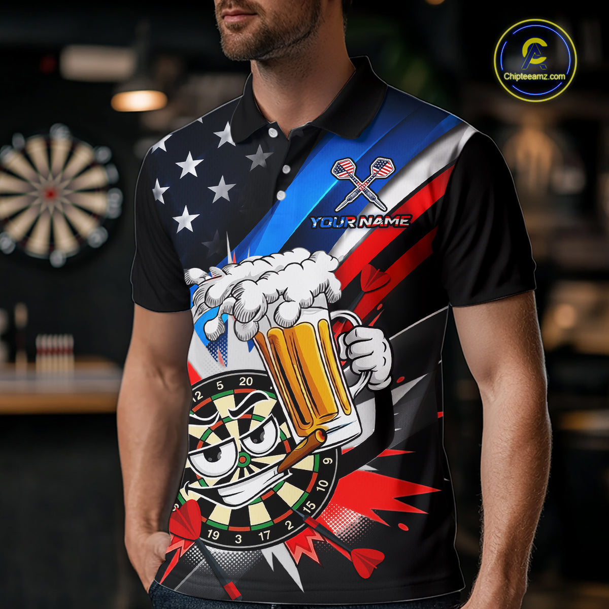 Custom American Flag Funny Beer Dart Shirt Dart Team Jersey Dartboard Outfit