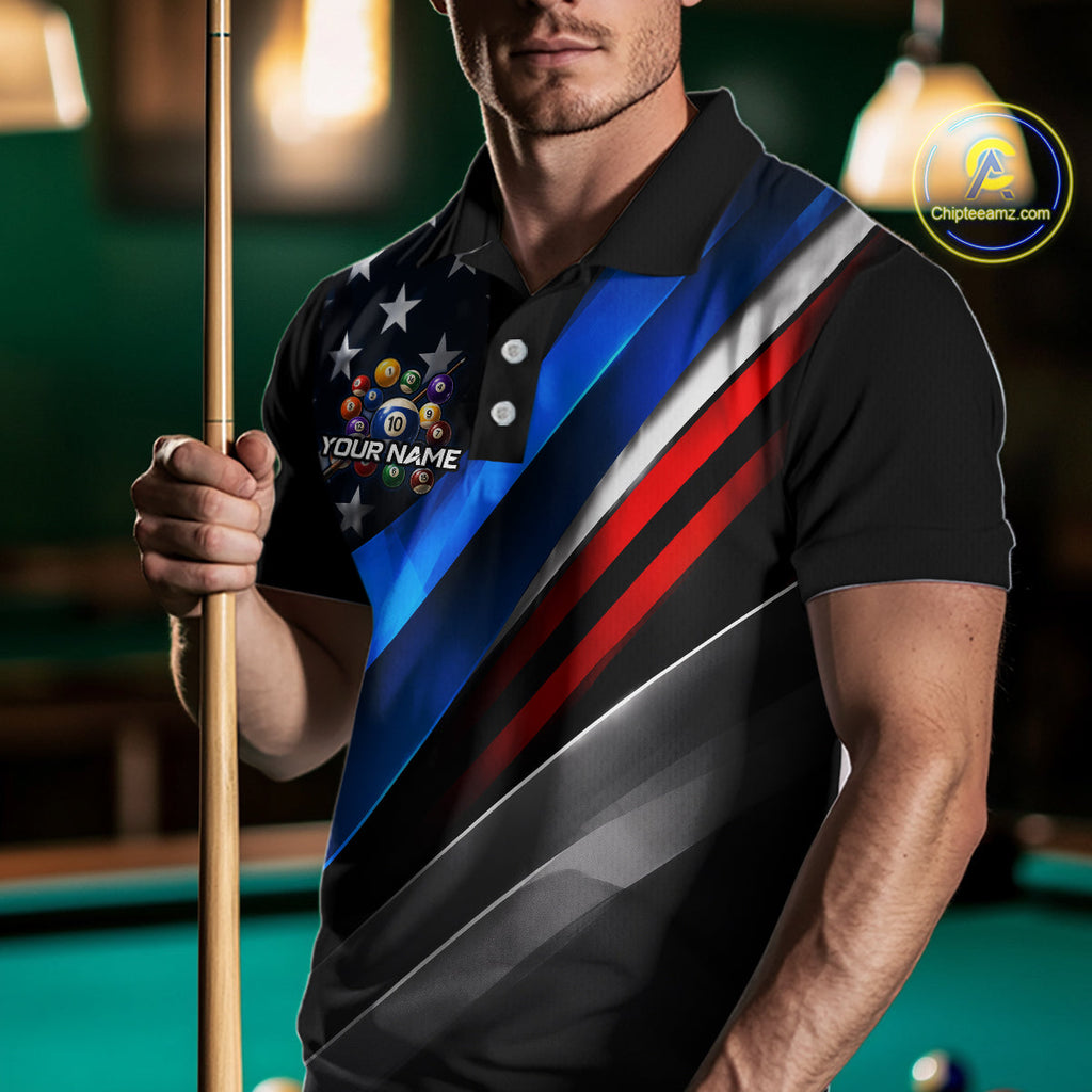 Custom American Flag Billiard Shirt 10 Ball Patriotic Pool Billiard Jersey Polo & 1/4-Zip