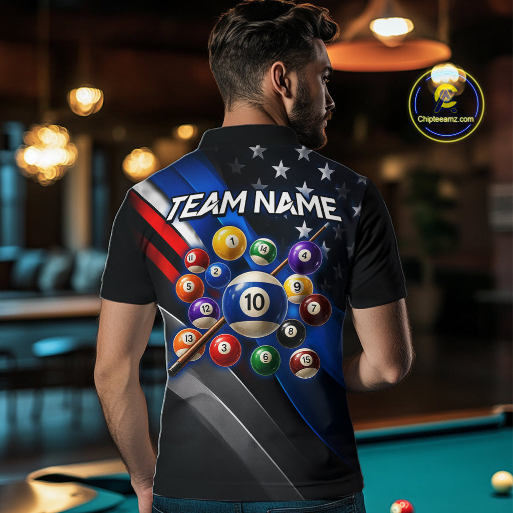 Custom American Flag Billiard Shirt 10 Ball Patriotic Pool Billiard Jersey Polo & 1/4-Zip