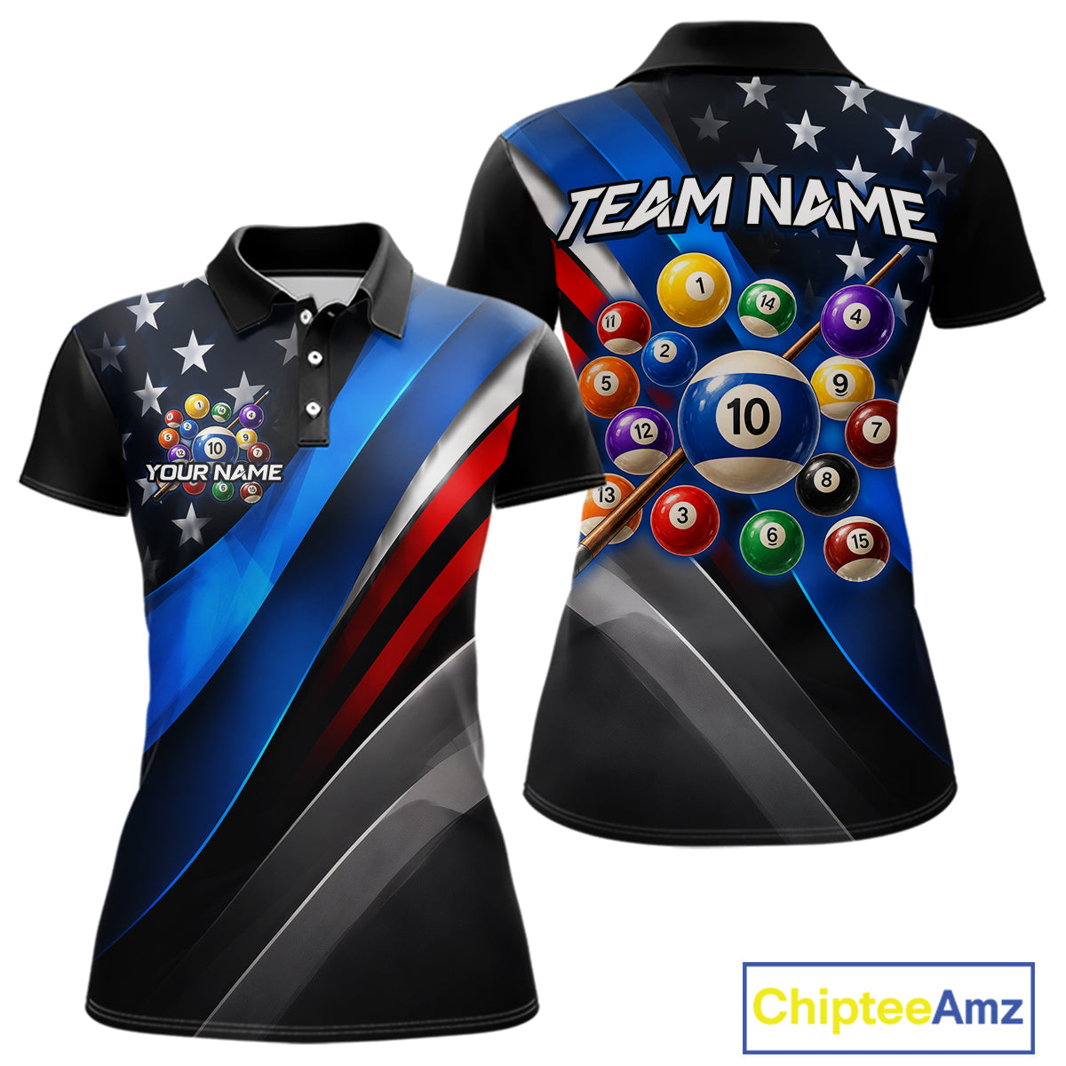 Custom American Flag Billiard Shirt 10 Ball Patriotic Pool Billiard Jersey Polo & 1/4-Zip