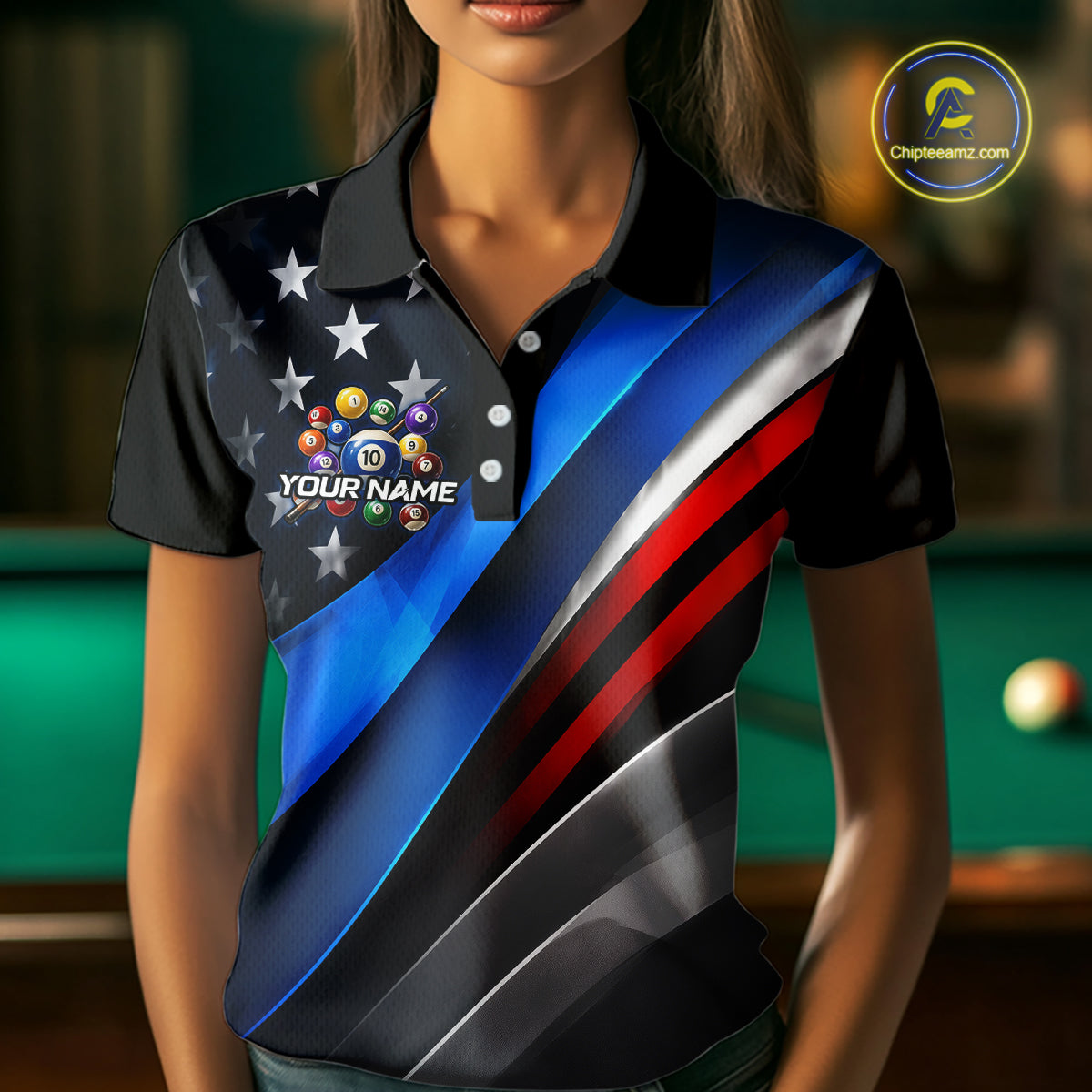 Custom American Flag Billiard Shirt 10 Ball Patriotic Pool Billiard Jersey Polo & 1/4-Zip