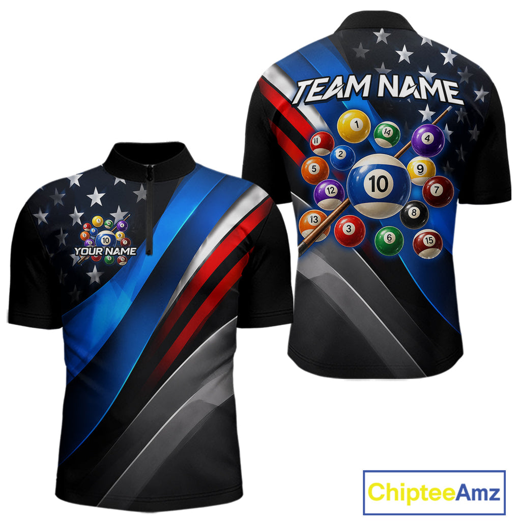 Custom American Flag Billiard Shirt 10 Ball Patriotic Pool Billiard Jersey Polo & 1/4-Zip
