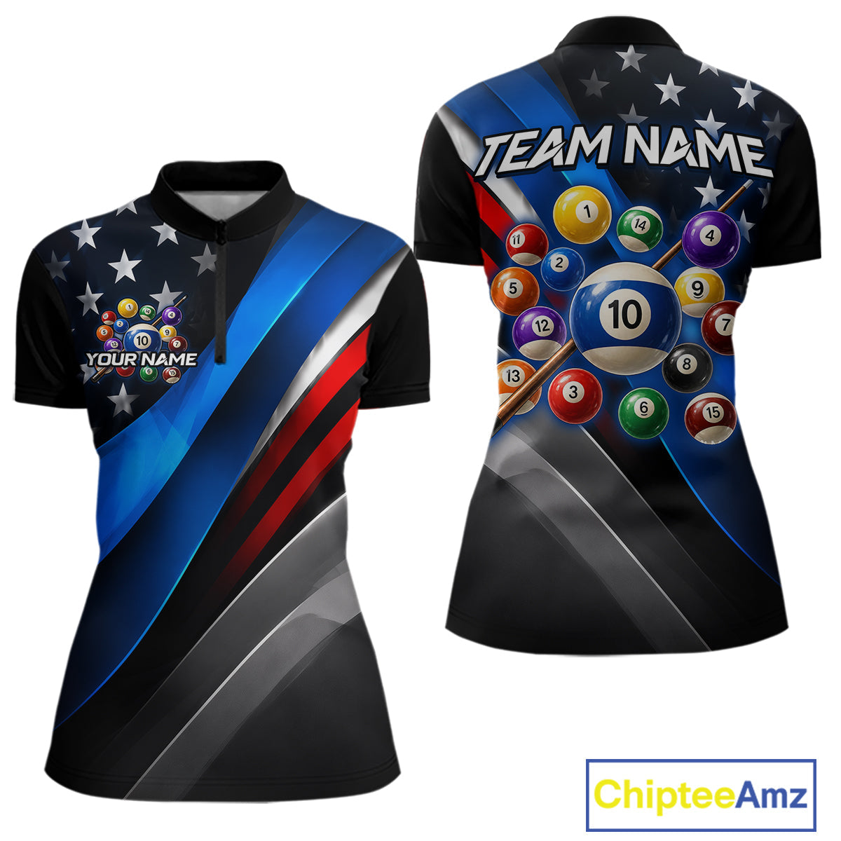 Custom American Flag Billiard Shirt 10 Ball Patriotic Pool Billiard Jersey Polo & 1/4-Zip