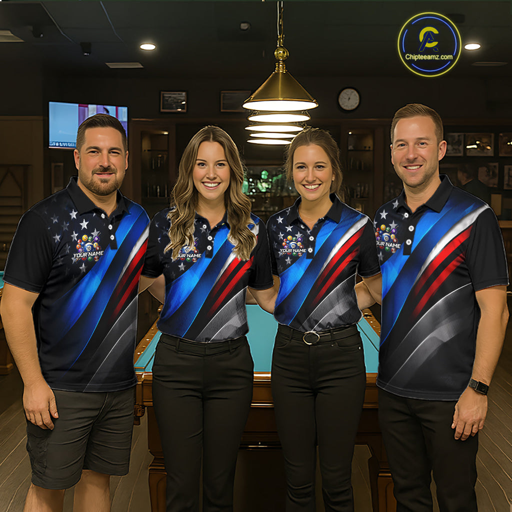 Custom American Flag Billiard Shirt 10 Ball Patriotic Pool Billiard Jersey Polo & 1/4-Zip